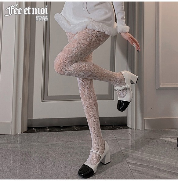 FEE ET MOI Ins Style Flowers Fishnet Waist High Stocking (White)